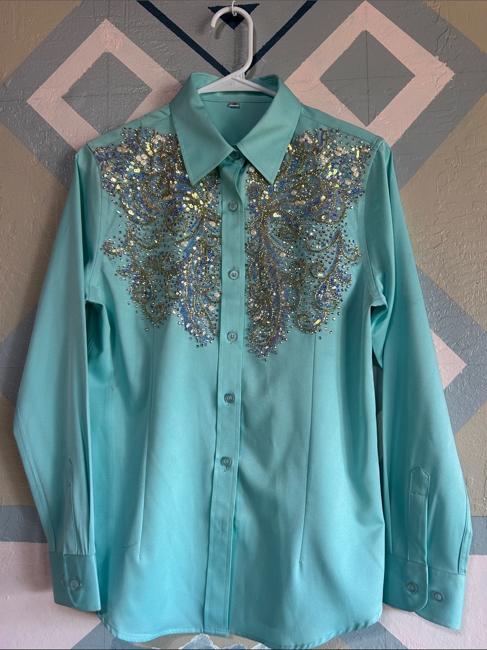 Handmade Turquoise womens Button-Up fitted shirt Shirt